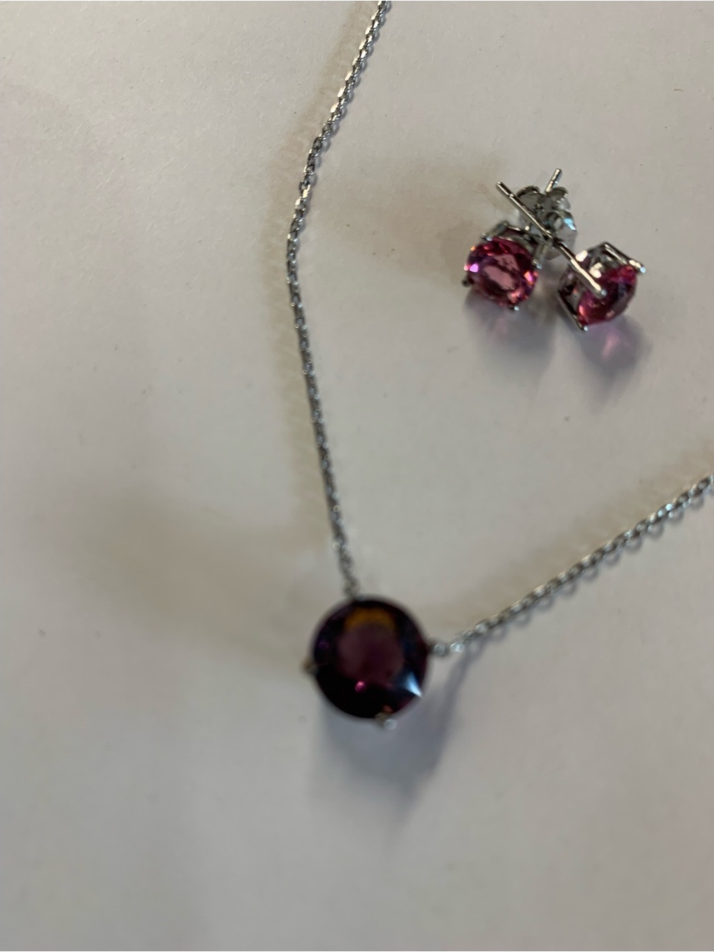 Sterling Silver Necklace and Stud Earrings Set with Pink Gemstones